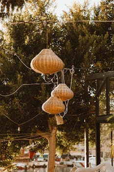 Charming straw lanterns hanging outdoors in a lush garden, evoking a traditional ambiance.